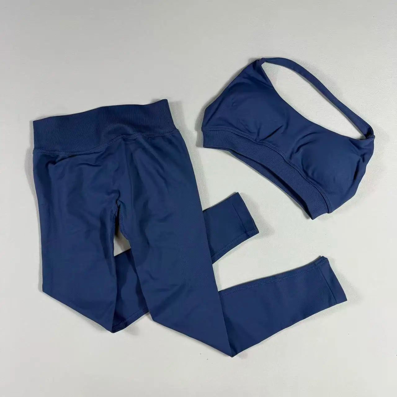 2Pcs Seamless Halter Neck Backless Yoga Outfit High Waist Ribbed Scrunch Shorts Set for Women Gym Sports Pilates Active Wear