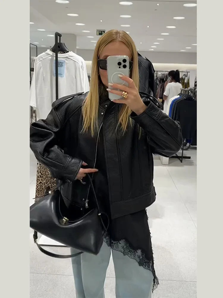 Street PU Leather Bomber Jacket Women Zipper Stand Collar Pocket Loose Vintage Full Sleeve Coat Female 2025 Autumn Lady Outwear