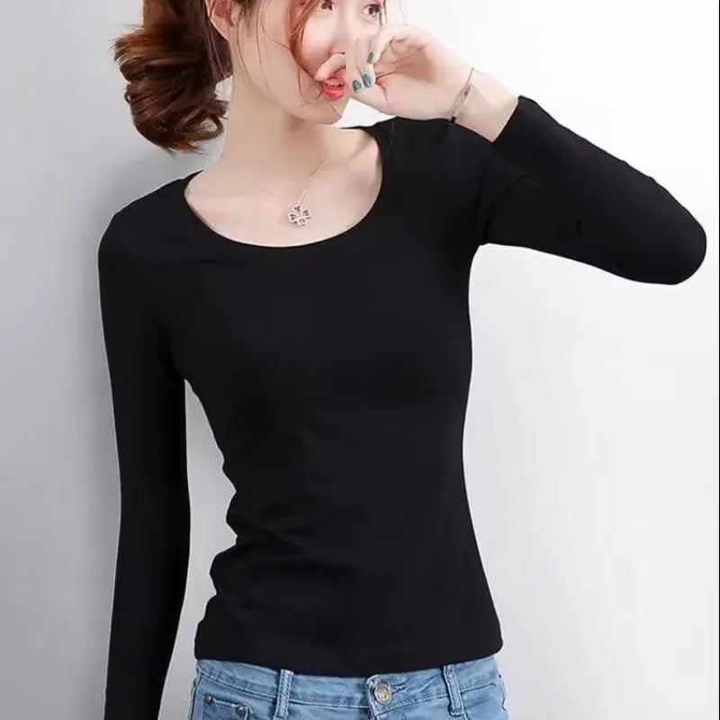 Winter Women Thermal Underwear T-Shirt Turtleneck Bottom Shirt Solid Semi High Collar Long Sleeve Basic Heating Fiber Pullovers