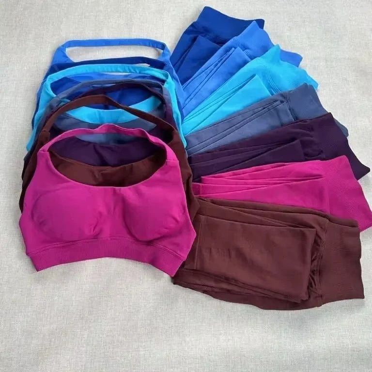 2Pcs Seamless Halter Neck Backless Yoga Outfit High Waist Ribbed Scrunch Shorts Set for Women Gym Sports Pilates Active Wear