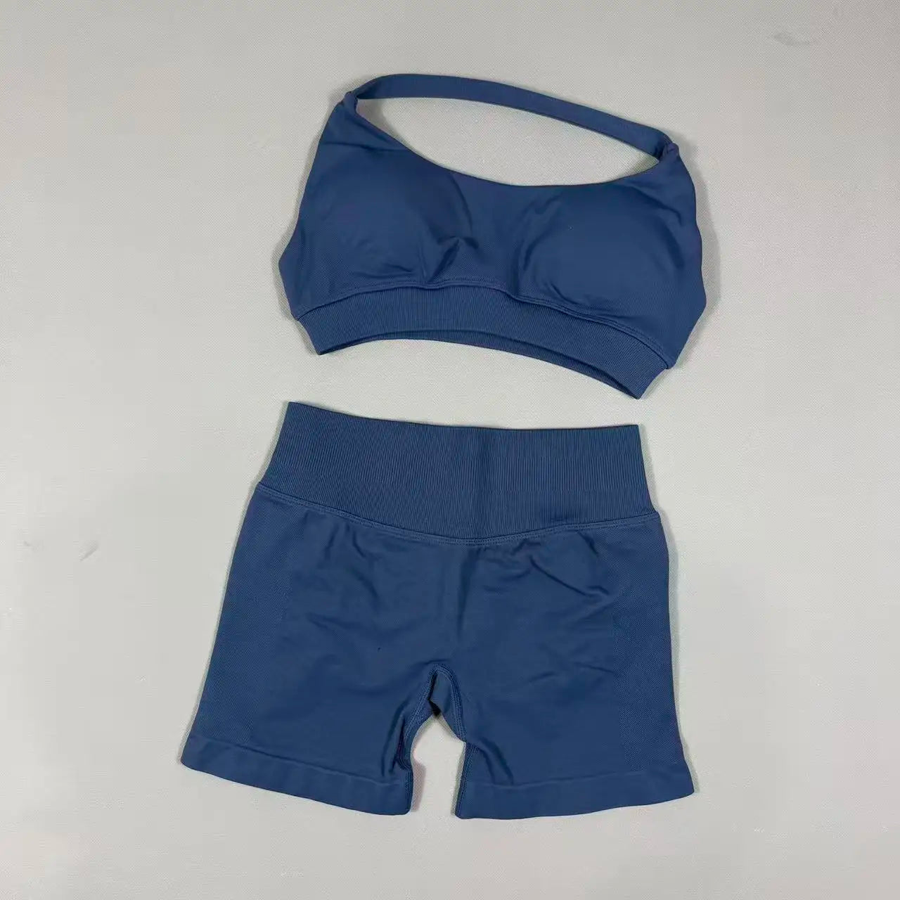 2Pcs Seamless Halter Neck Backless Yoga Outfit High Waist Ribbed Scrunch Shorts Set for Women Gym Sports Pilates Active Wear