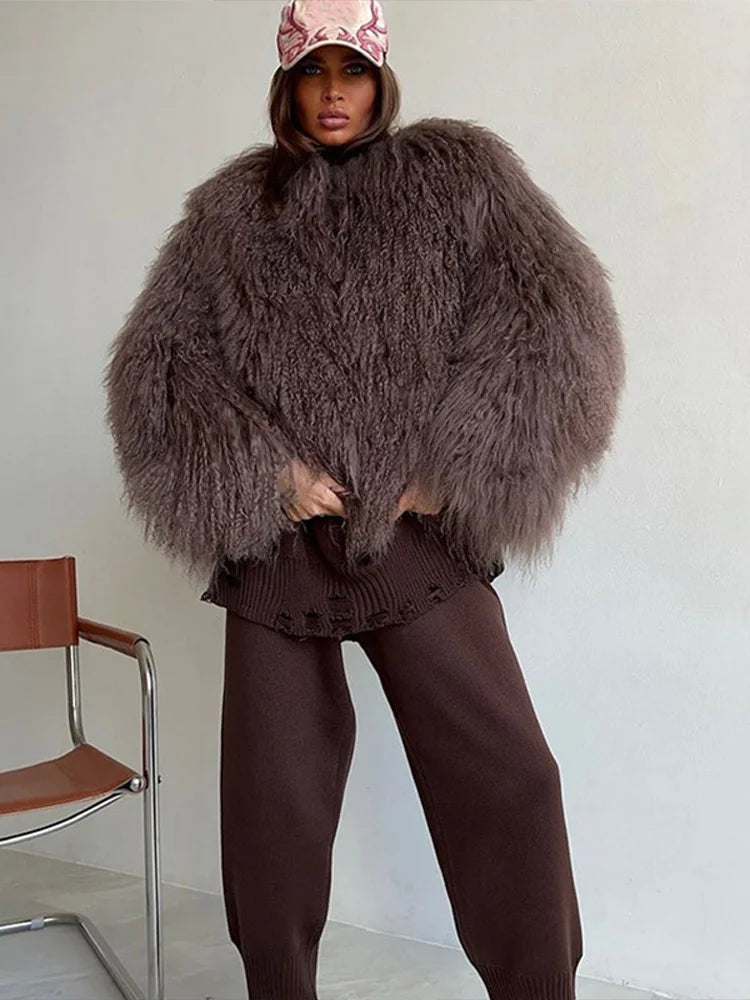 Solid Fluffy Woolen Faux Fur Jacket Women Fashion Turn Down Collar Long Sleeve Loose Coats Lady Winter Daily Street Outwears