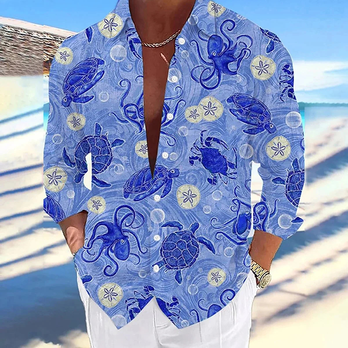 Men's Long-sleeved Linen Shirt Casual And Comfortable Printed Sea Octopus Turtle Series Pattern Hawaiian Comfortable Large Size