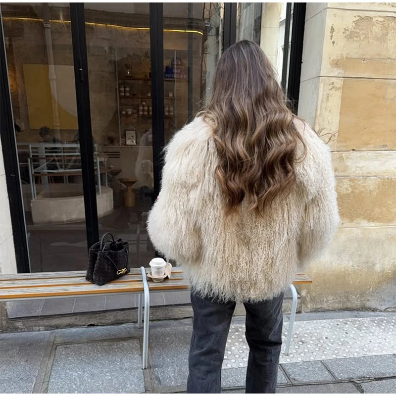 Solid Fluffy Woolen Faux Fur Jacket Women Fashion Turn Down Collar Long Sleeve Loose Coats Lady Winter Daily Street Outwears