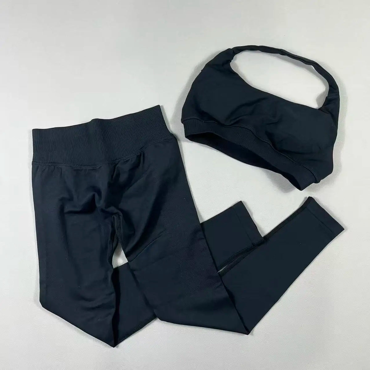 2Pcs Seamless Halter Neck Backless Yoga Outfit High Waist Ribbed Scrunch Shorts Set for Women Gym Sports Pilates Active Wear
