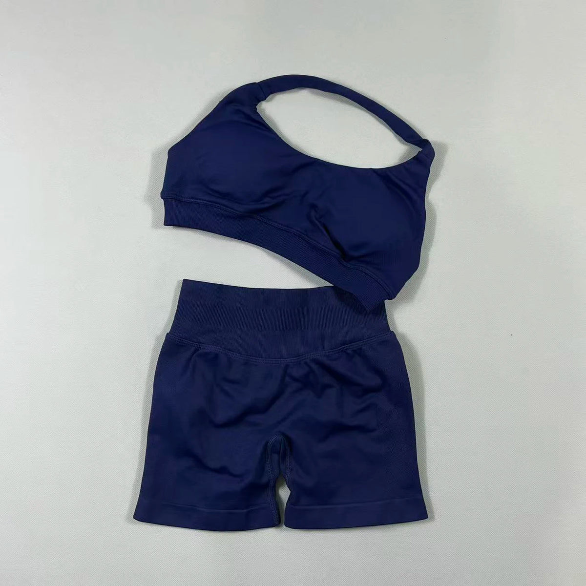 2Pcs Seamless Halter Neck Backless Yoga Outfit High Waist Ribbed Scrunch Shorts Set for Women Gym Sports Pilates Active Wear