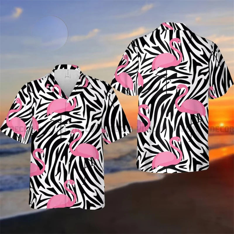 Anime Cartoon Flamingo Funny Shirt For Men Retro Plant 3D Print Leisure Quickly Dry Button Shirts Summer Street Popular Blouse