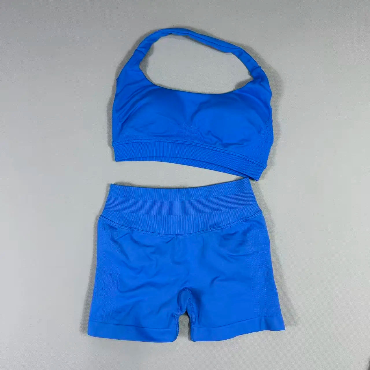 2Pcs Seamless Halter Neck Backless Yoga Outfit High Waist Ribbed Scrunch Shorts Set for Women Gym Sports Pilates Active Wear