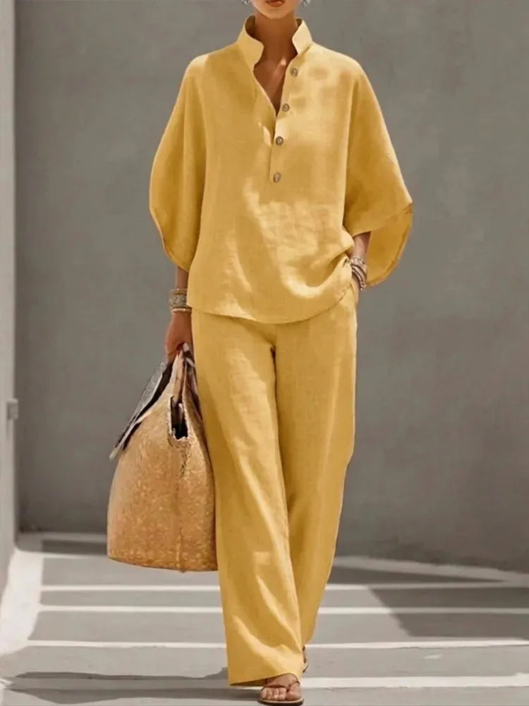 Fashion Cotton Linen Pant Set Women's Matching Sets Casual Stand Collar Button Top Wide Leg 2-piece Set Retro Female Office Suit