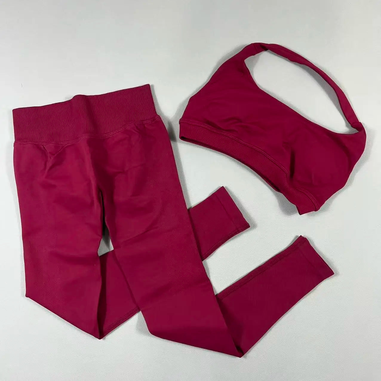 2Pcs Seamless Halter Neck Backless Yoga Outfit High Waist Ribbed Scrunch Shorts Set for Women Gym Sports Pilates Active Wear