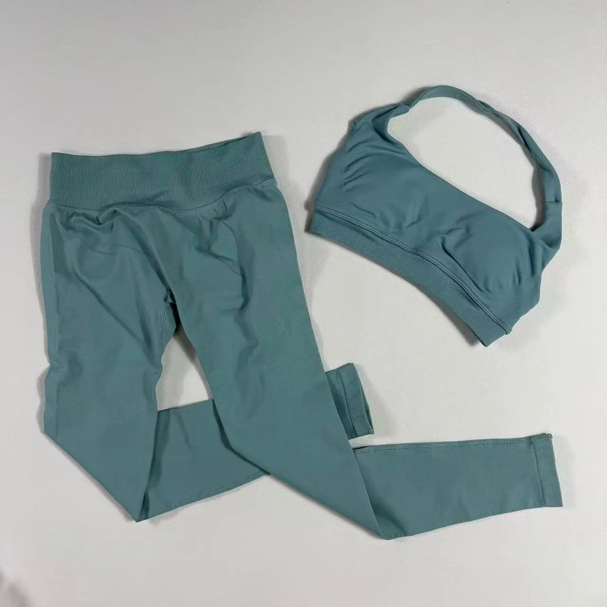 2Pcs Seamless Halter Neck Backless Yoga Outfit High Waist Ribbed Scrunch Shorts Set for Women Gym Sports Pilates Active Wear