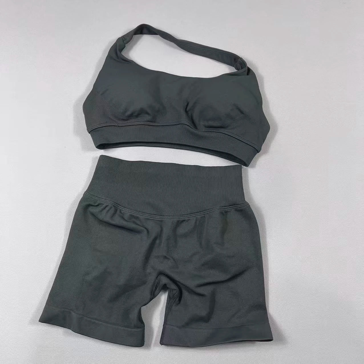 2Pcs Seamless Halter Neck Backless Yoga Outfit High Waist Ribbed Scrunch Shorts Set for Women Gym Sports Pilates Active Wear