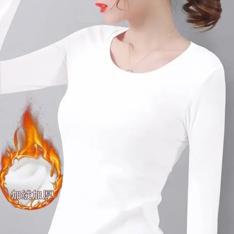 Winter Women Thermal Underwear T-Shirt Turtleneck Bottom Shirt Solid Semi High Collar Long Sleeve Basic Heating Fiber Pullovers