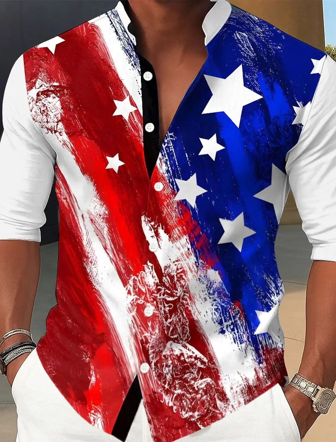 Men's US Flag Patriotic Shirt Casual Dress Shirt Long Sleeve Casual Summer Mandarin Collar Band Collar 3D Print Button Up Shirts