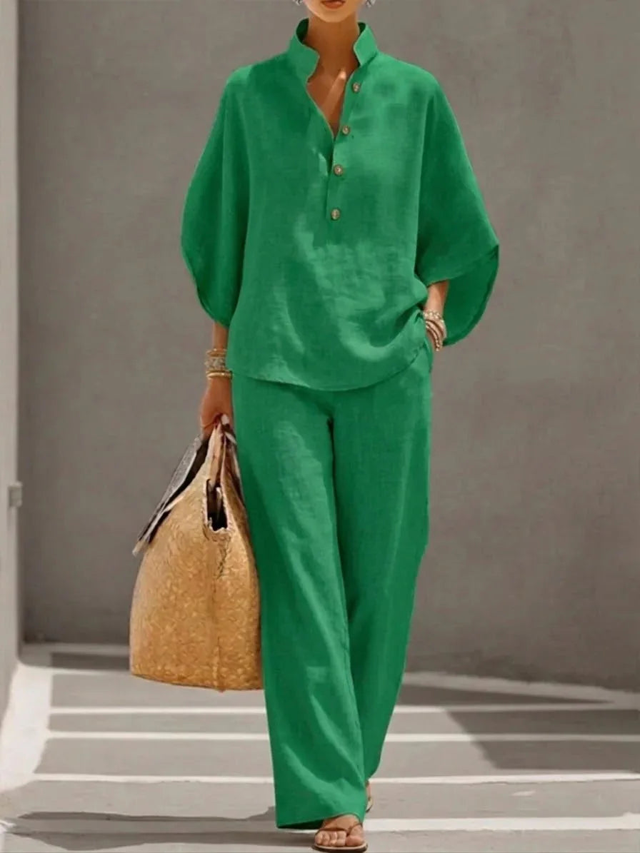 Fashion Cotton Linen Pant Set Women's Matching Sets Casual Stand Collar Button Top Wide Leg 2-piece Set Retro Female Office Suit