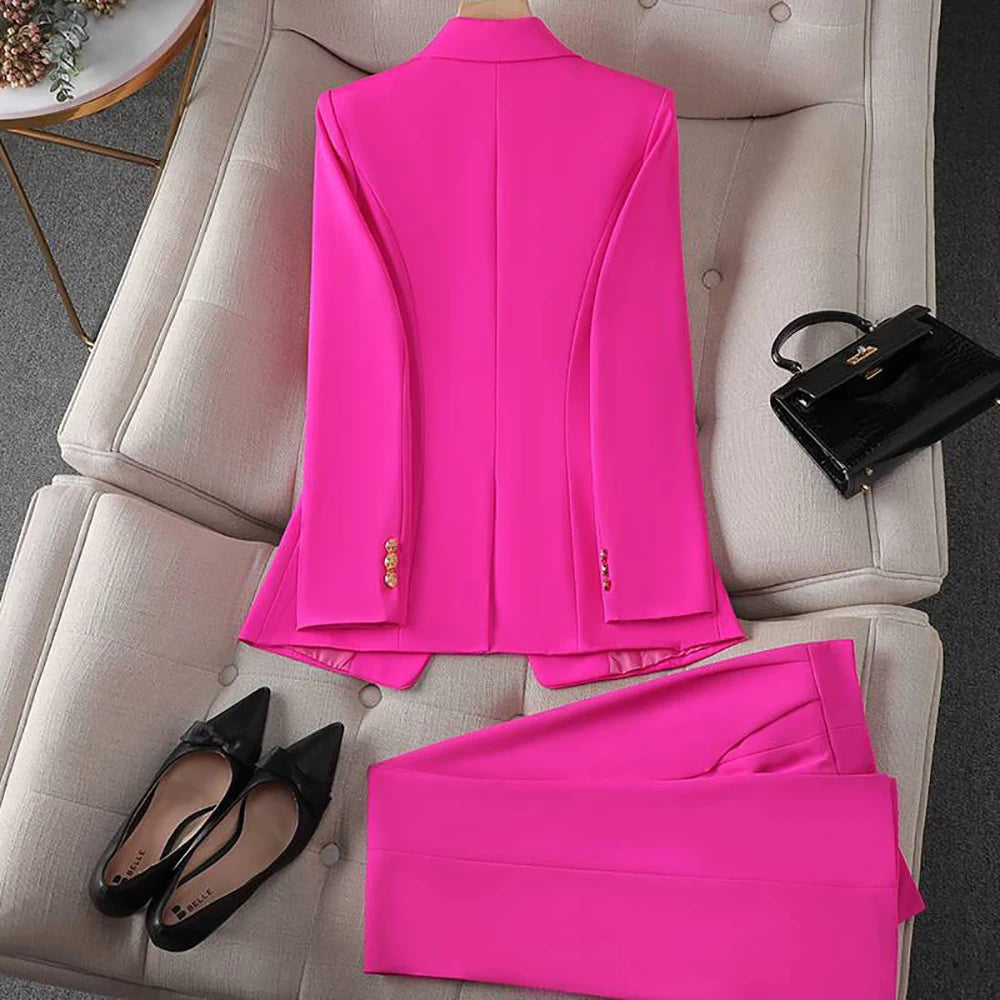 Cakrisyal Women Elegant Formal Blazer Sets Double Breasted Lapel Blazer And Straight Slim Pants Evening Party Wedding Blazer Set