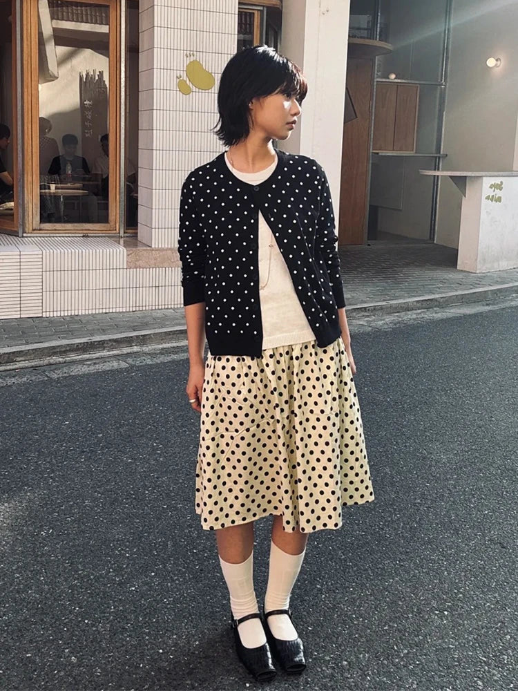 Tonngirls Korean Style Sweater Women Knit Dot Black Cardigan Y2k Japanses 2000s Tops Streetwear Fairycore Pullovers E-girls
