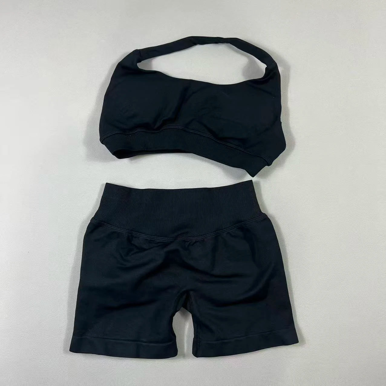 2Pcs Seamless Halter Neck Backless Yoga Outfit High Waist Ribbed Scrunch Shorts Set for Women Gym Sports Pilates Active Wear