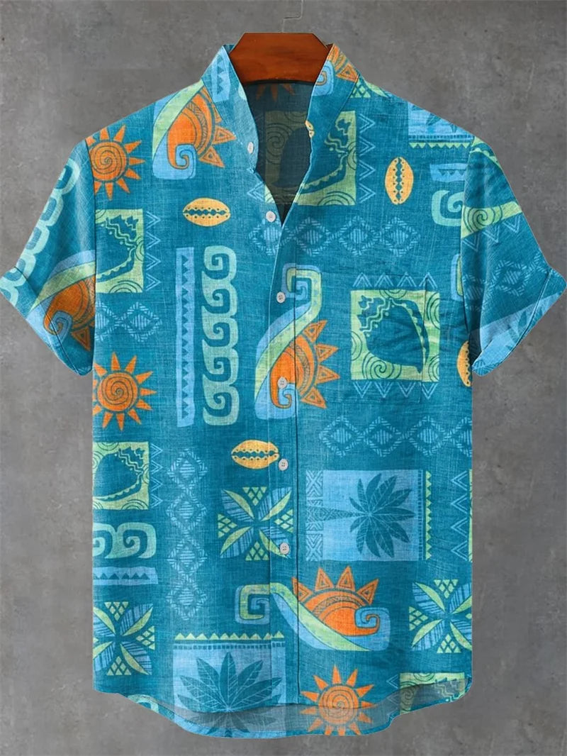 Vintage Men's Shirt Comfortable Short Sleeve Fashion 3D Crane Printed Art Pattern, Button Top, Summer Top