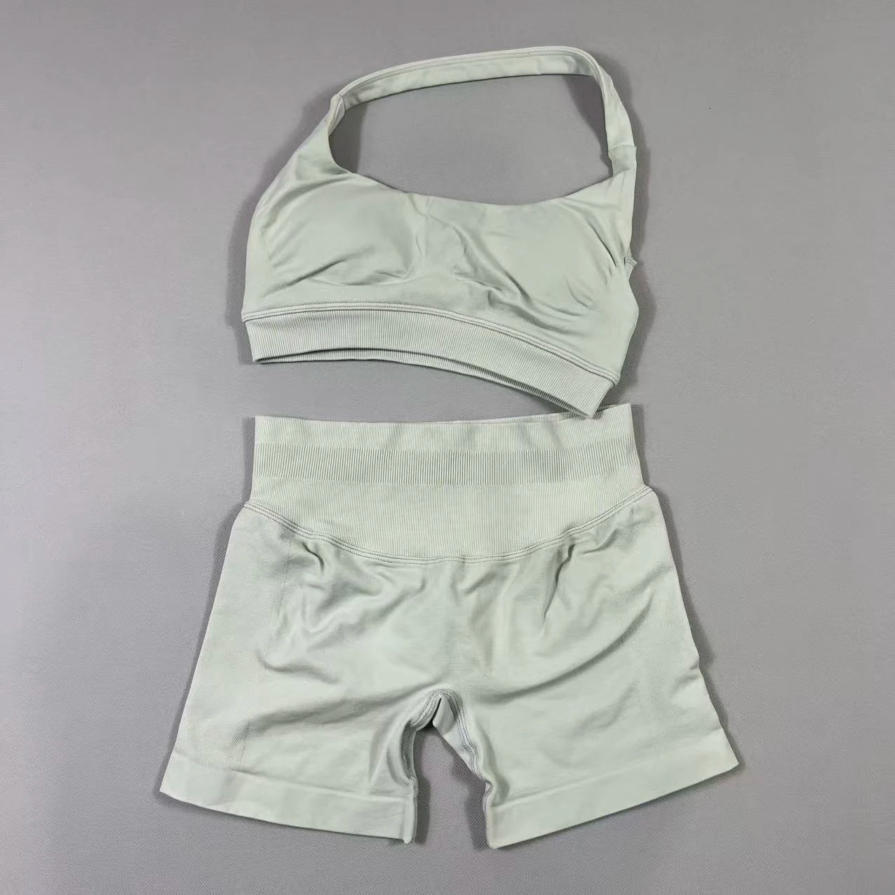 2Pcs Seamless Halter Neck Backless Yoga Outfit High Waist Ribbed Scrunch Shorts Set for Women Gym Sports Pilates Active Wear