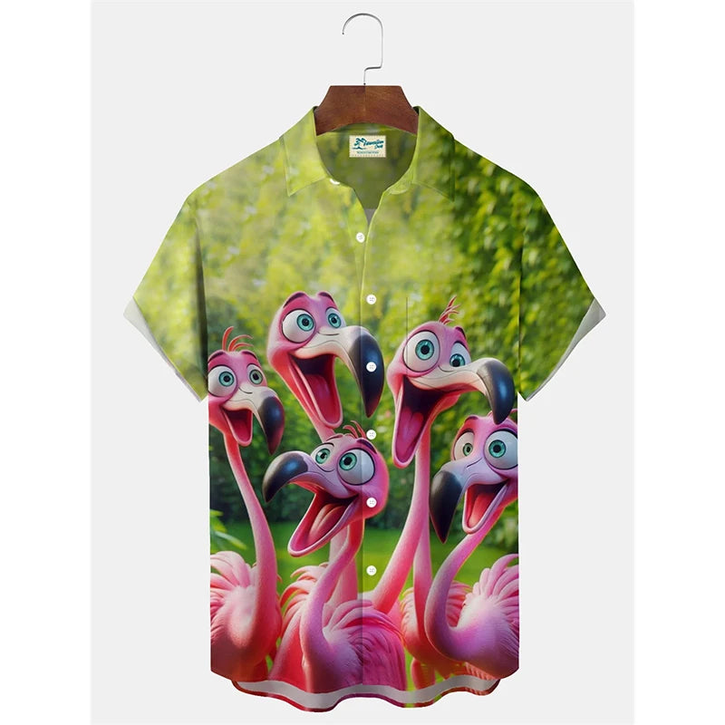 Anime Cartoon Flamingo Funny Shirt For Men Retro Plant 3D Print Leisure Quickly Dry Button Shirts Summer Street Popular Blouse