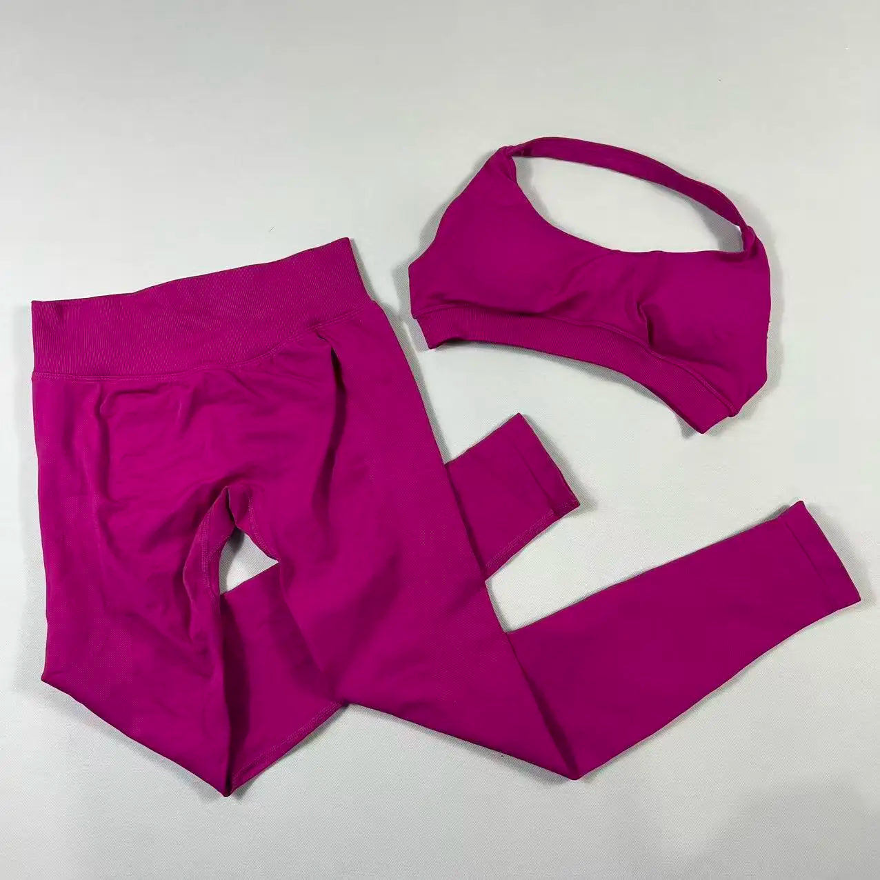 2Pcs Seamless Halter Neck Backless Yoga Outfit High Waist Ribbed Scrunch Shorts Set for Women Gym Sports Pilates Active Wear