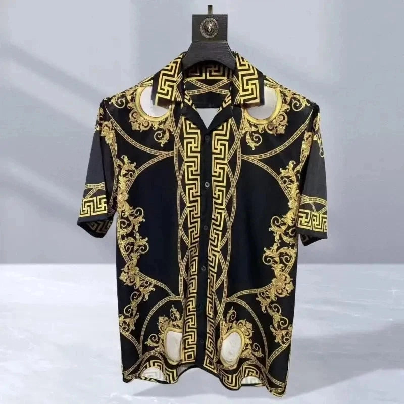 Vintage men's luxurious gold Baroque chain patterned high-quality short sleeved shirt suitable for street parties