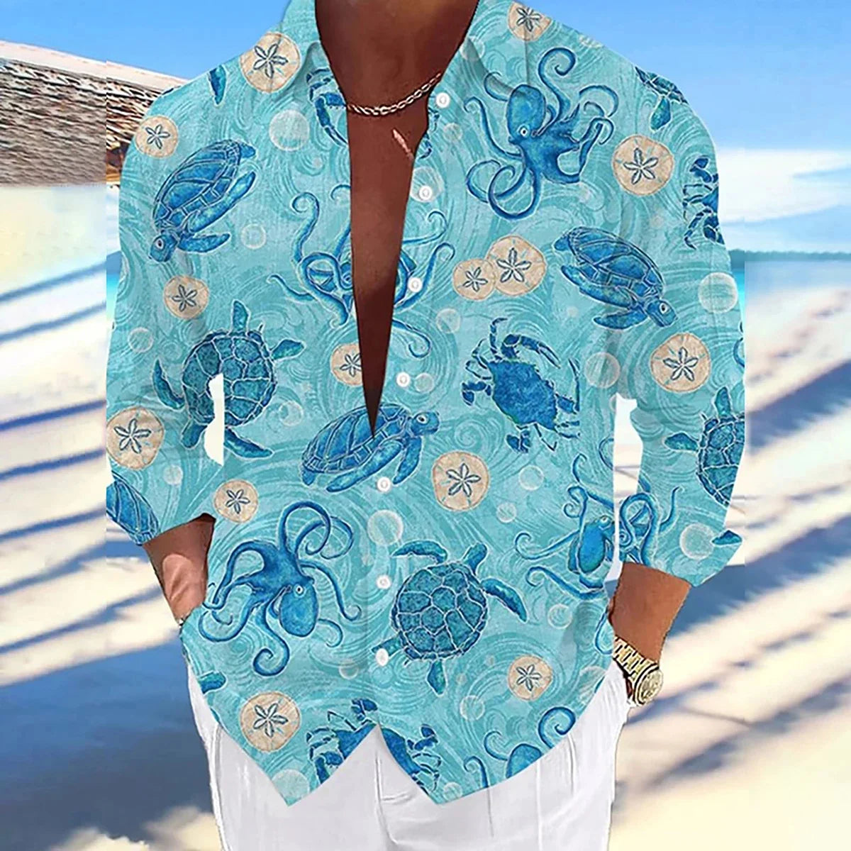 Men's Long-sleeved Linen Shirt Casual And Comfortable Printed Sea Octopus Turtle Series Pattern Hawaiian Comfortable Large Size