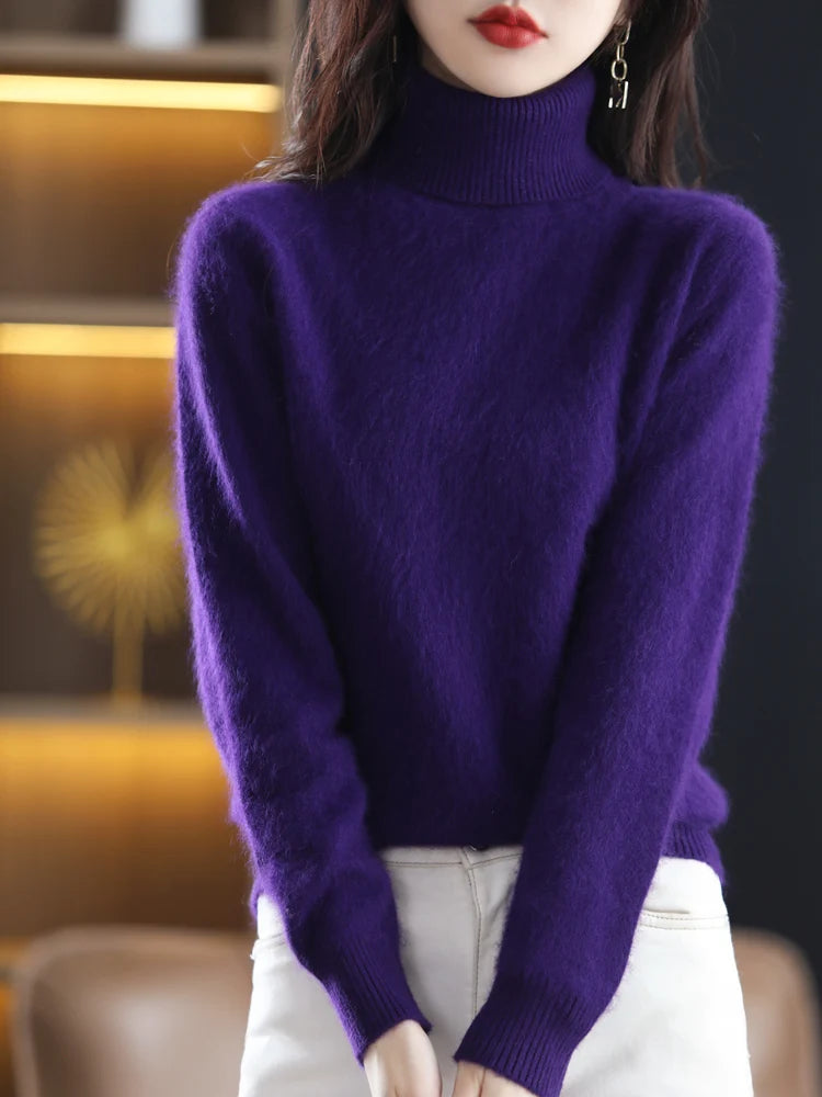 100% Mink Cashmere Turtleneck Sweater Women Solid Color Long Sleeve Top Autumn Winter Fashion Knit Female Warm Pullover Jumper