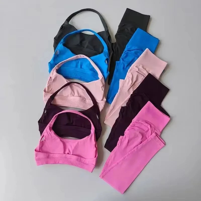 2Pcs Seamless Halter Neck Backless Yoga Outfit High Waist Ribbed Scrunch Shorts Set for Women Gym Sports Pilates Active Wear