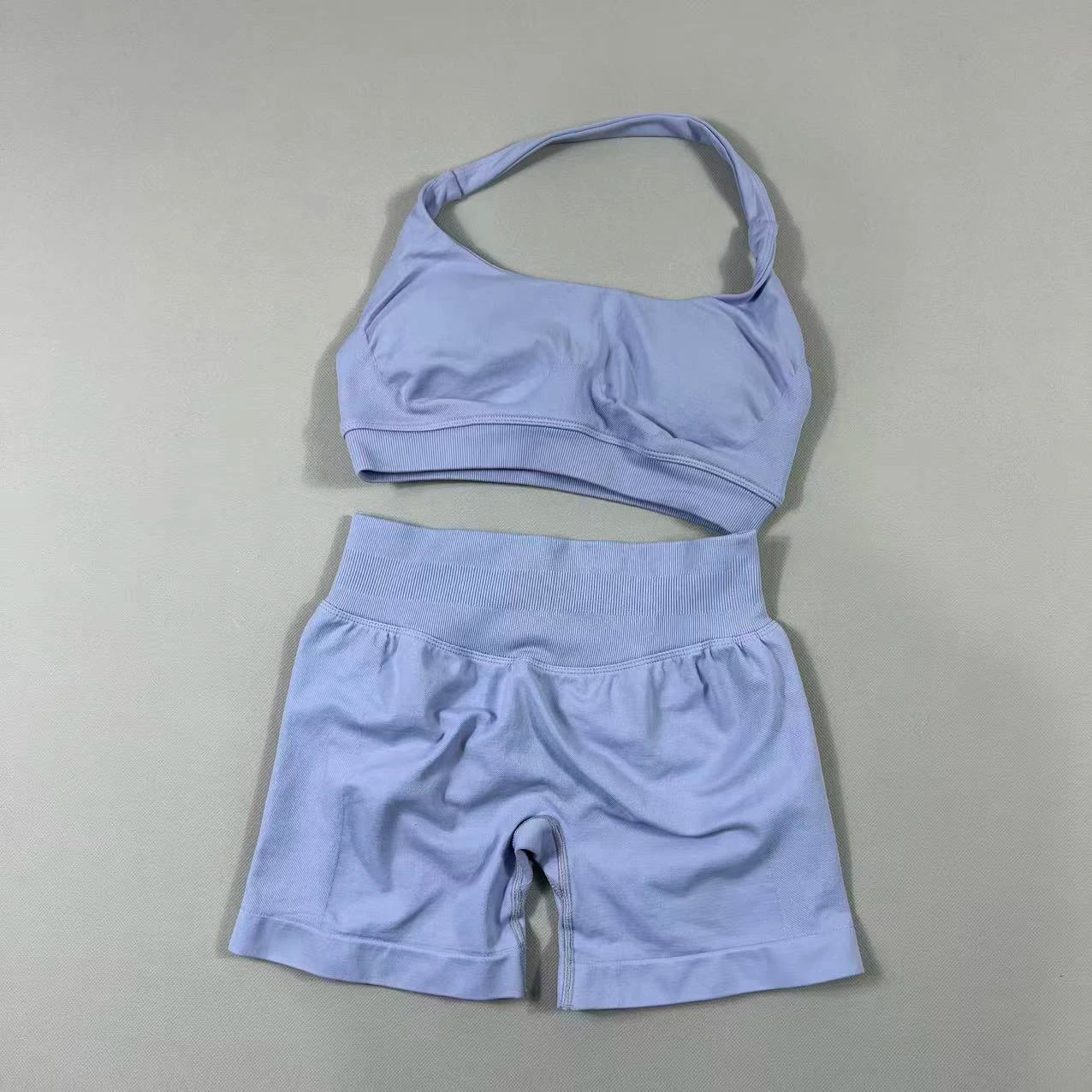 2Pcs Seamless Halter Neck Backless Yoga Outfit High Waist Ribbed Scrunch Shorts Set for Women Gym Sports Pilates Active Wear