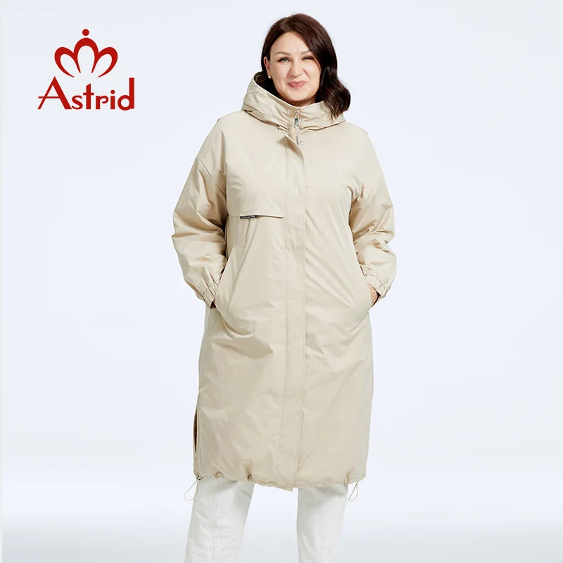 Astrid Autumn Winter Women's Jacket Long Thin Cotton Trench Coat Hood Split Hem Warm Loose Padded Parka Plus Size Women Clothing