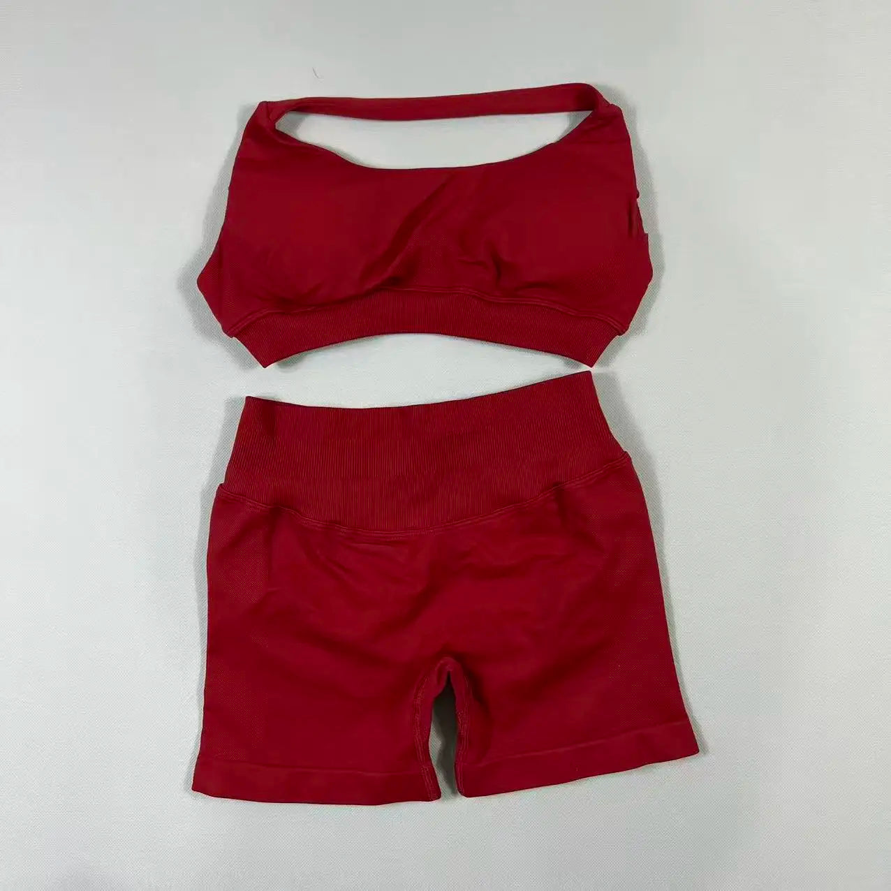 2Pcs Seamless Halter Neck Backless Yoga Outfit High Waist Ribbed Scrunch Shorts Set for Women Gym Sports Pilates Active Wear