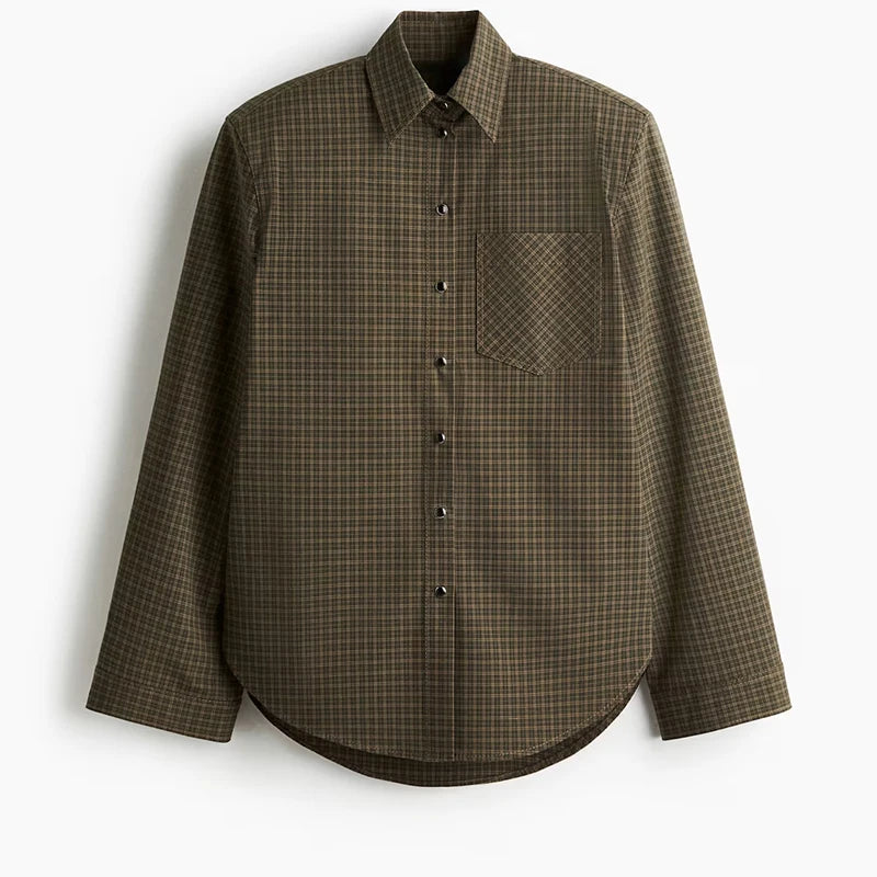Casual Women's Grid Shirts Shoulder Pad Turn-Down Collar Button Loose Lady Shirt 2026 Spring Fashion Female Street Outwear