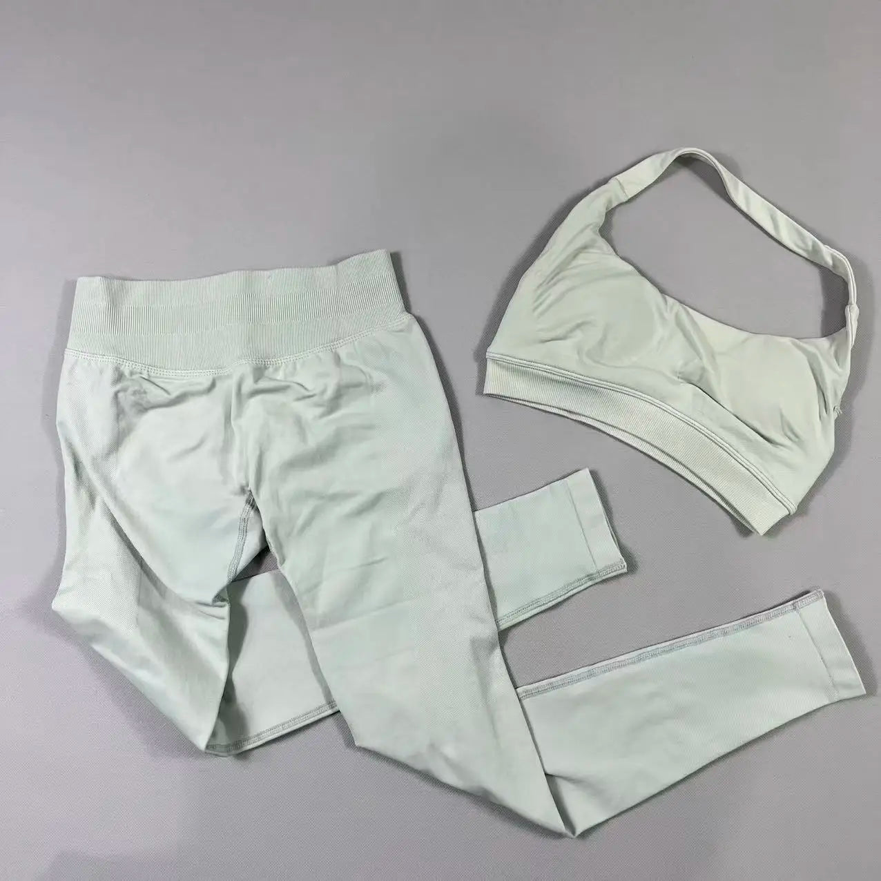 2Pcs Seamless Halter Neck Backless Yoga Outfit High Waist Ribbed Scrunch Shorts Set for Women Gym Sports Pilates Active Wear