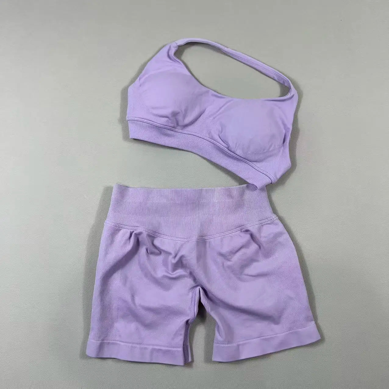 2Pcs Seamless Halter Neck Backless Yoga Outfit High Waist Ribbed Scrunch Shorts Set for Women Gym Sports Pilates Active Wear