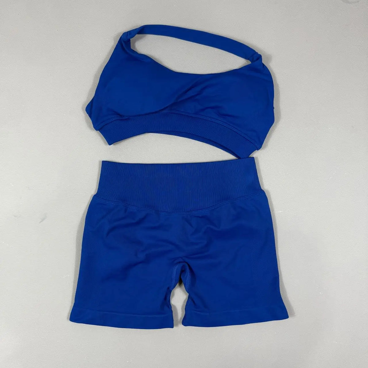 2Pcs Seamless Halter Neck Backless Yoga Outfit High Waist Ribbed Scrunch Shorts Set for Women Gym Sports Pilates Active Wear