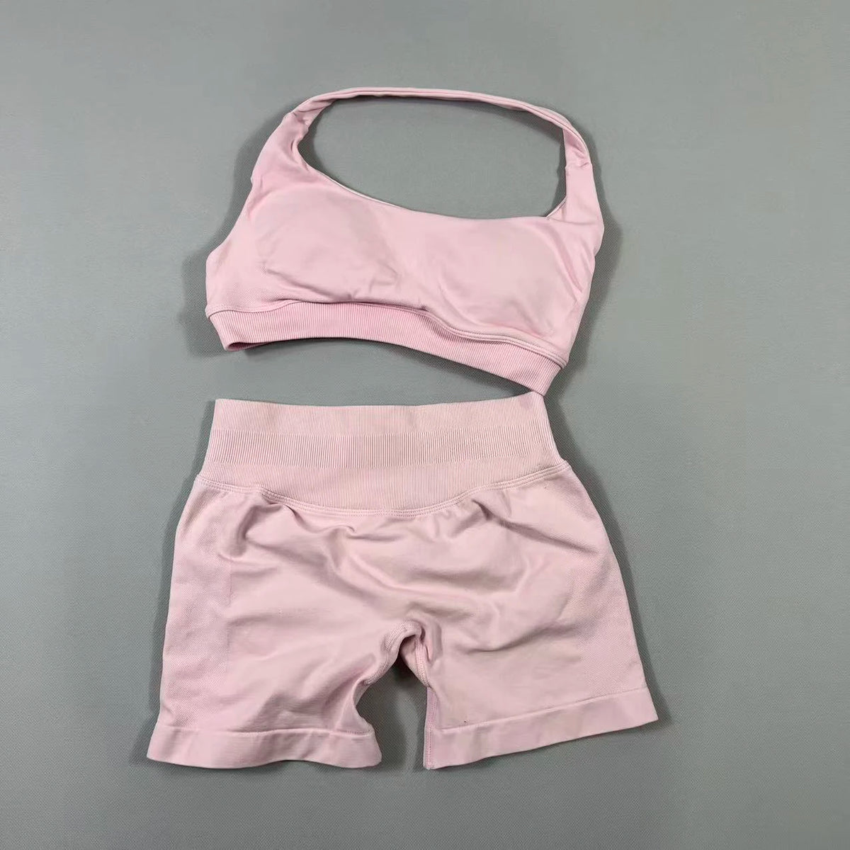 2Pcs Seamless Halter Neck Backless Yoga Outfit High Waist Ribbed Scrunch Shorts Set for Women Gym Sports Pilates Active Wear