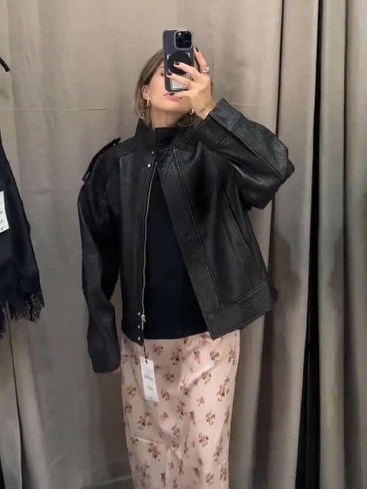 Street PU Leather Bomber Jacket Women Zipper Stand Collar Pocket Loose Vintage Full Sleeve Coat Female 2025 Autumn Lady Outwear