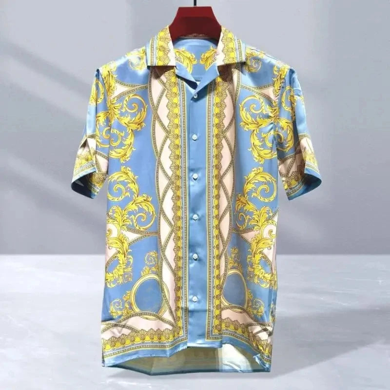 Vintage men's luxurious gold Baroque chain patterned high-quality short sleeved shirt suitable for street parties