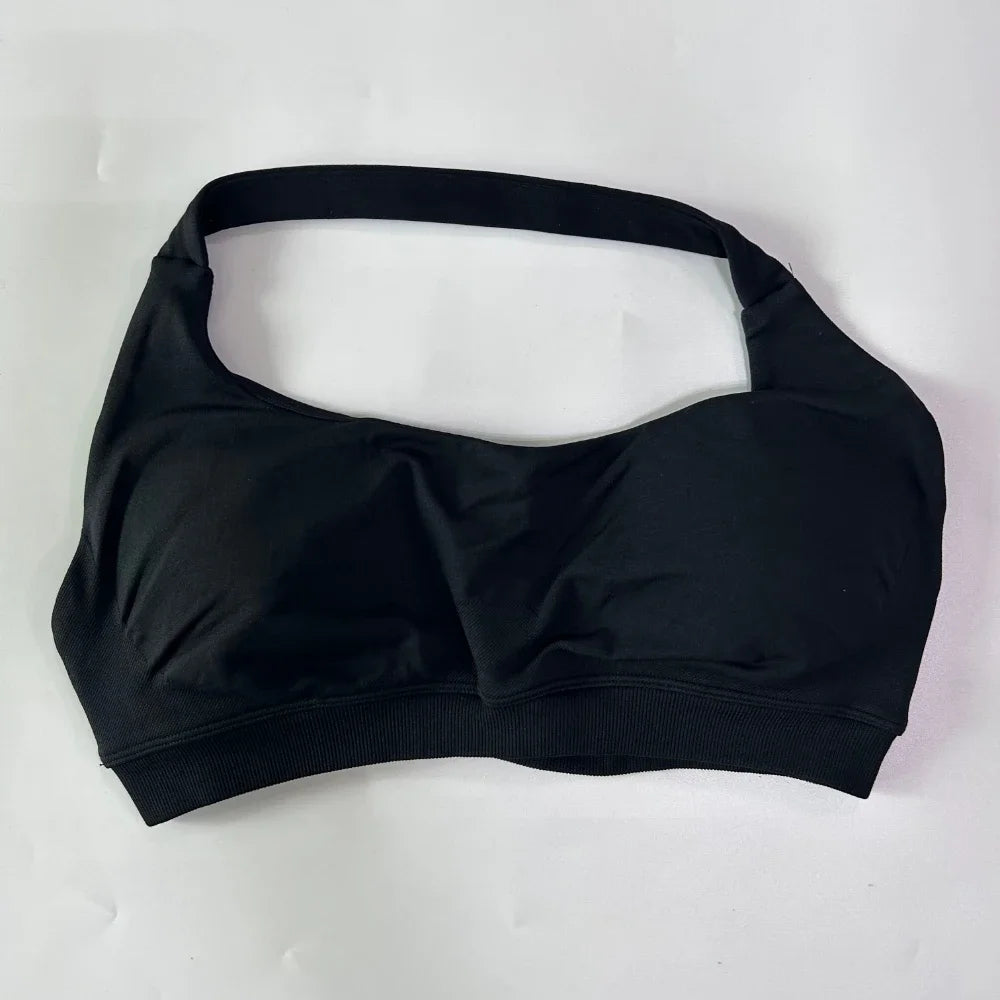 2Pcs Seamless Halter Neck Backless Yoga Outfit High Waist Ribbed Scrunch Shorts Set for Women Gym Sports Pilates Active Wear