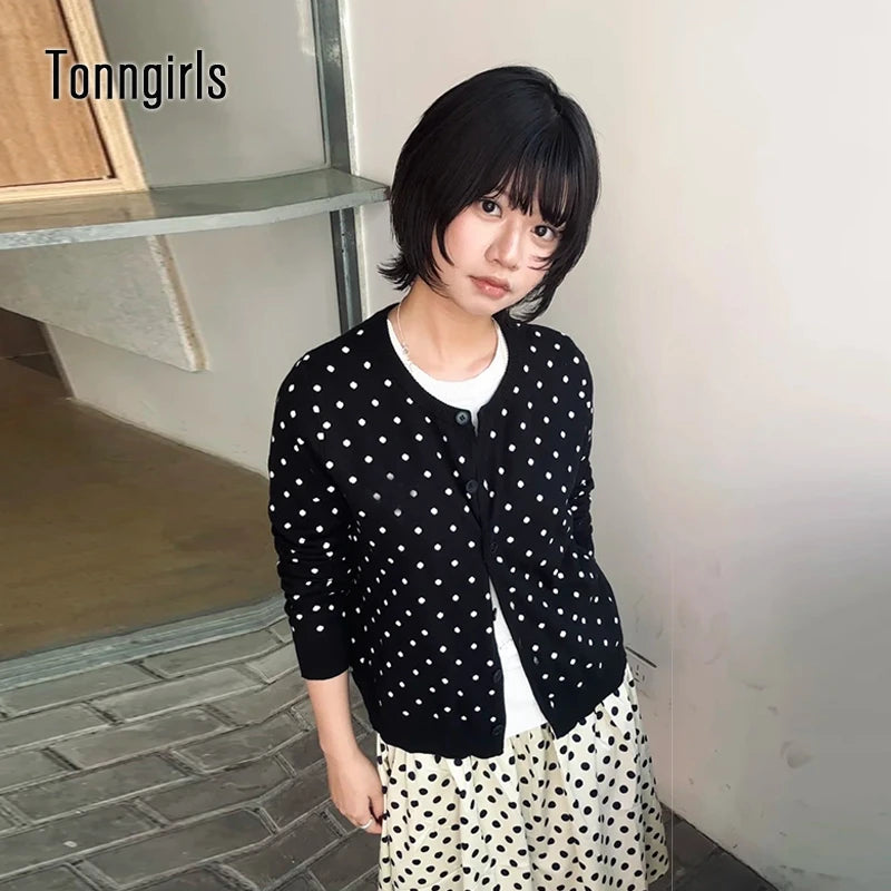 Tonngirls Korean Style Sweater Women Knit Dot Black Cardigan Y2k Japanses 2000s Tops Streetwear Fairycore Pullovers E-girls