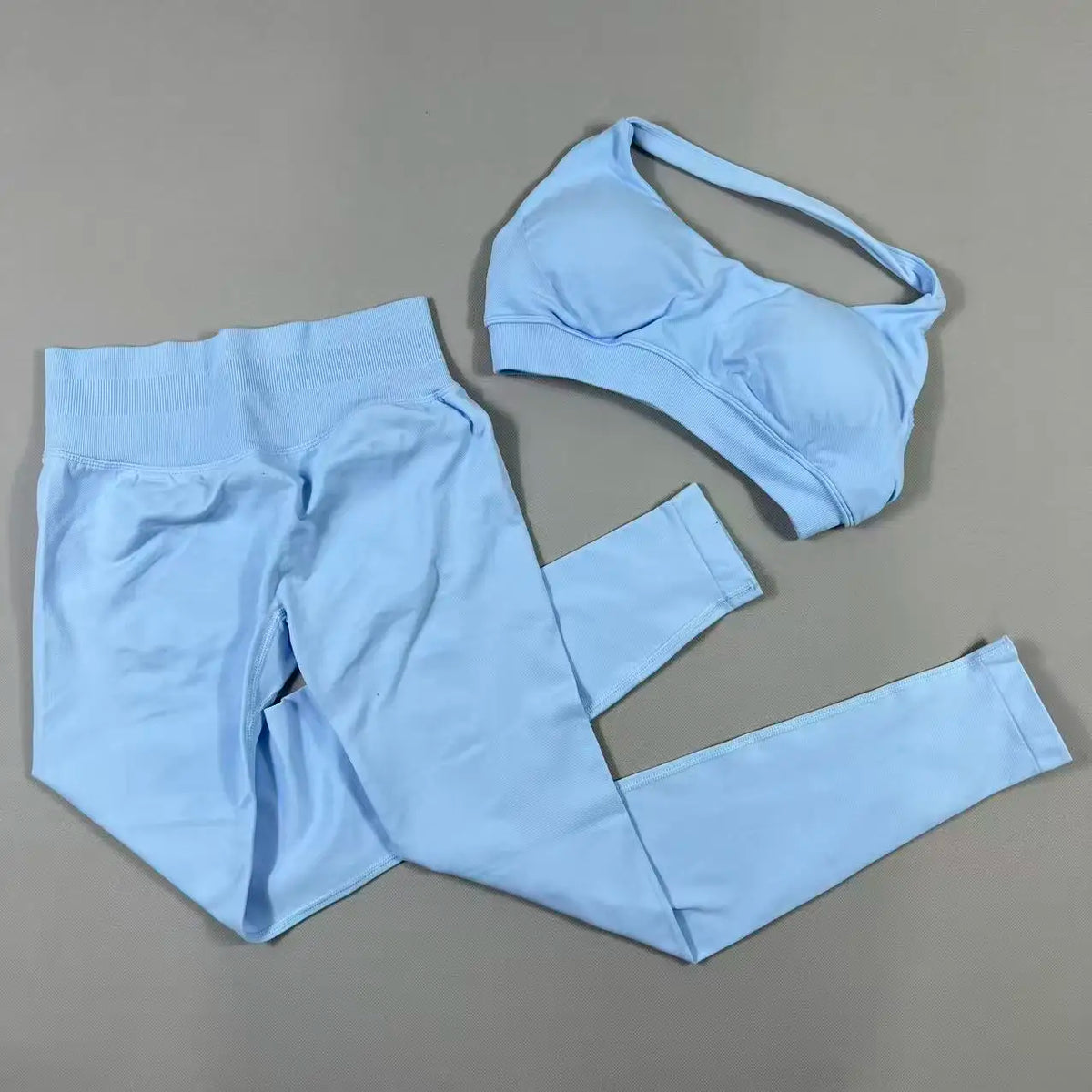 2Pcs Seamless Halter Neck Backless Yoga Outfit High Waist Ribbed Scrunch Shorts Set for Women Gym Sports Pilates Active Wear