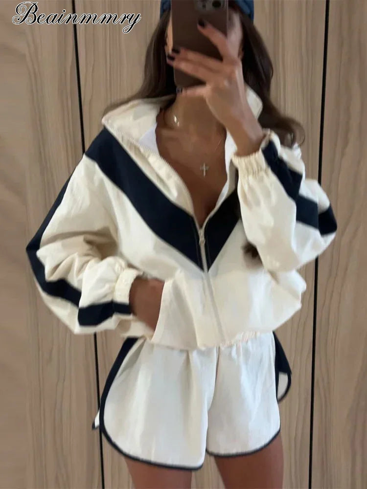 Women Color Block Zip Up 2 Piece Set  Long Sleeve Stand Collar Jacket High Waist Shorts Suit 2026 Spring Autumn Casual Outfit