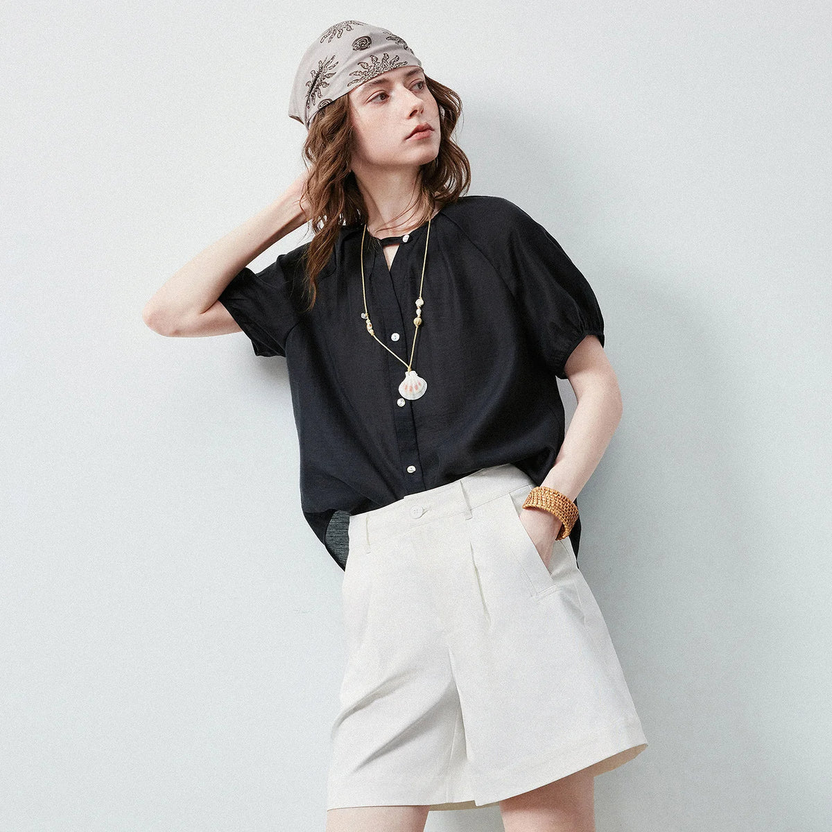 TOYOUTH Women Shirt 2026 Summer New Cool Feeling Lyocell Acetate Puff Sleeve Loose Wrinkled V Neck Casual Tops