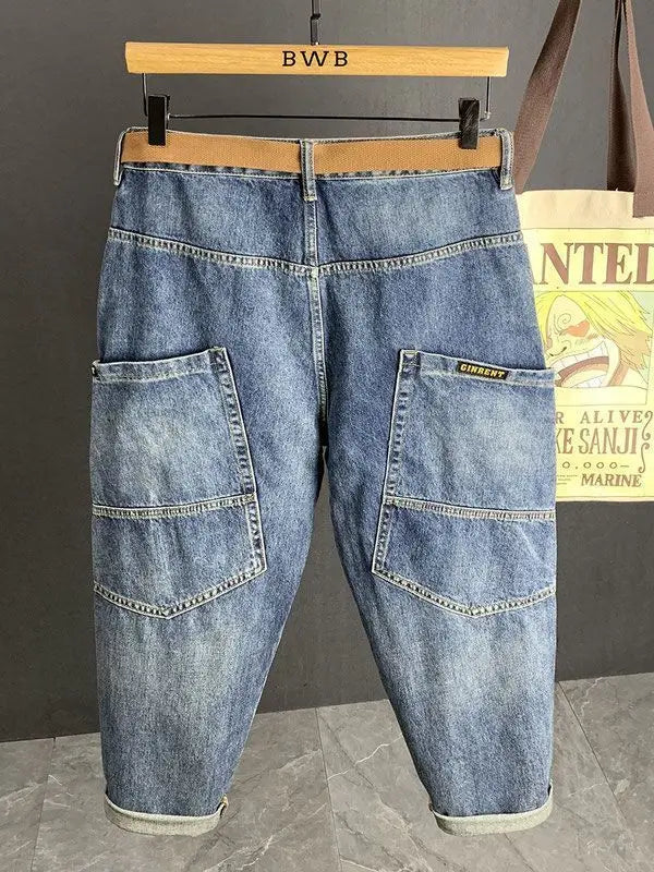 Spring Autumn Loose Blue Jeans for Men Designer Hip-hop Streetwear Straight-leg Casual Workwear Pants Washed Baggy Trousers Men