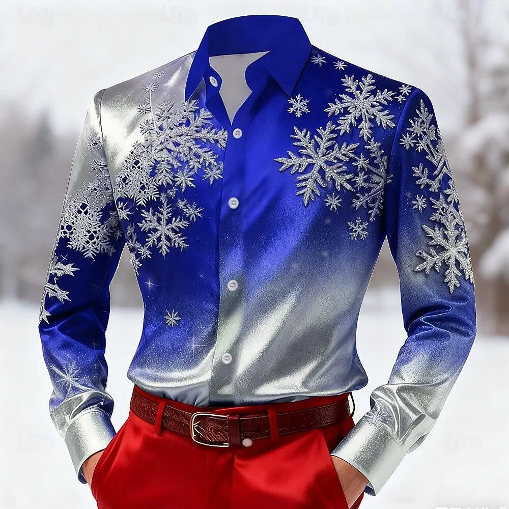Christmas style men's long sleeved shirt, colorful snowflake 3D printed men's clothing, outdoor fashion top