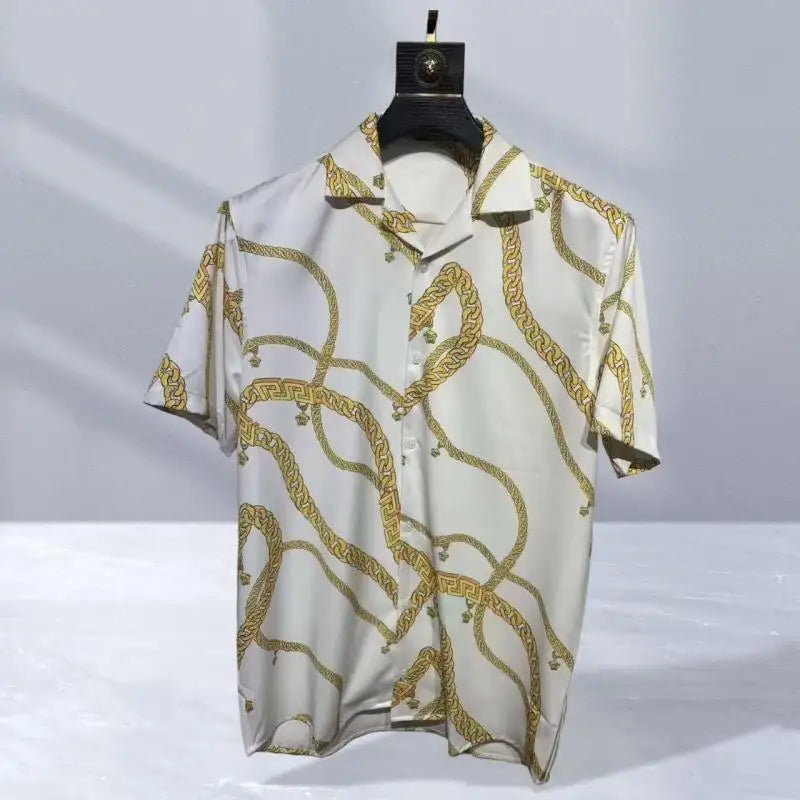 Vintage men's luxurious gold Baroque chain patterned high-quality short sleeved shirt suitable for street parties