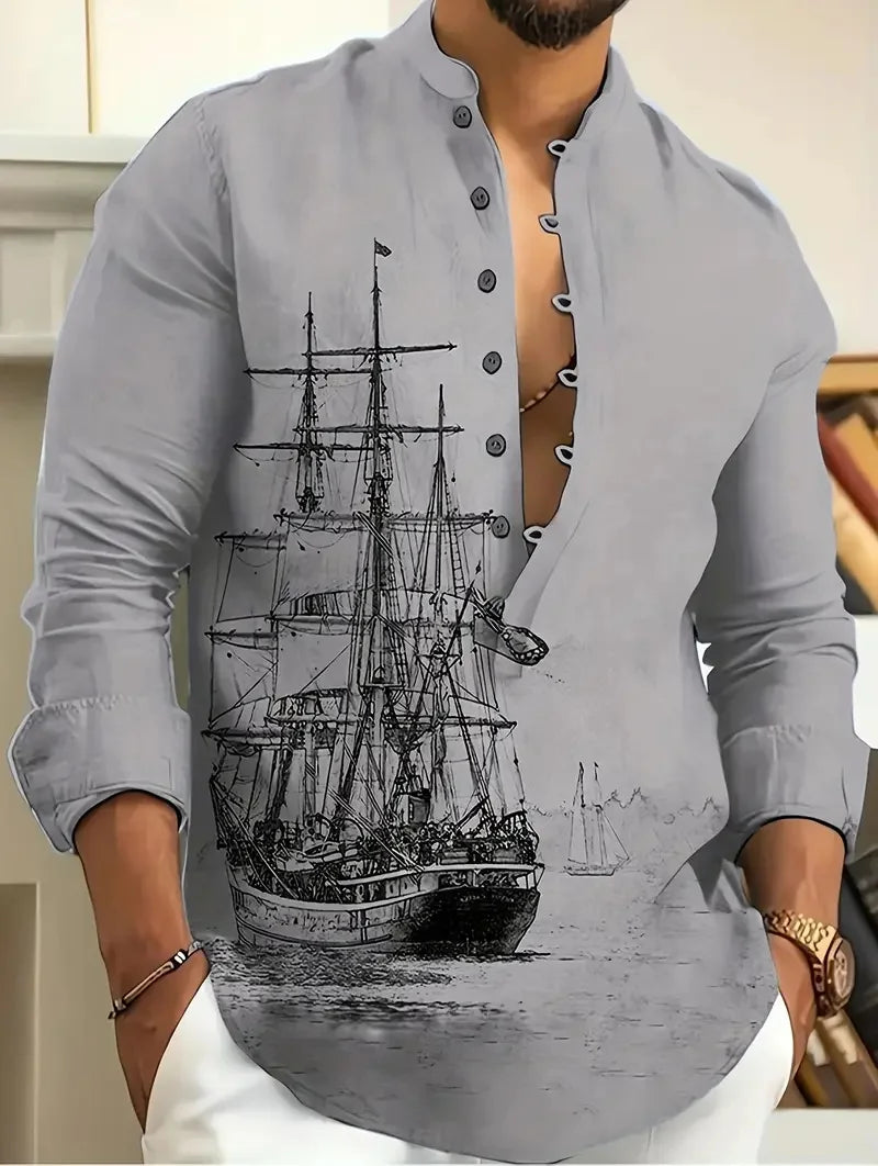 New Men's Long Sleeve Linen Shirt Tribal Vintage Street Long Sleeve Comfortable Soft Breathable Fashion Trend