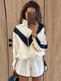 Women Color Block Zip Up 2 Piece Set  Long Sleeve Stand Collar Jacket High Waist Shorts Suit 2026 Spring Autumn Casual Outfit